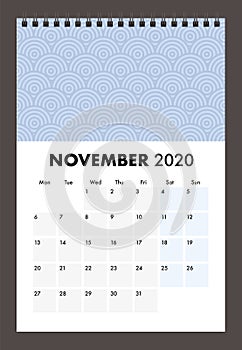 November 2020 calendar with wire band