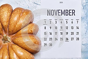 November 2020 monthly calendar on wood