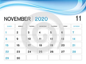 NOVEMBER 2020 Year Template, Calendar 2020 Vector, Desk Calendar Design, Week Start On Sunday, Planner, Stationery, Printing