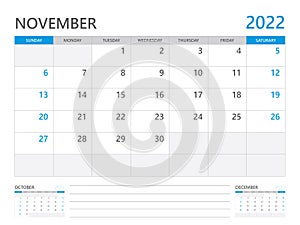 November 2022 year, Calendar planner 2022 and Set of 12 Months,  week start on Sunday. Desk calendar 2022 design, wall calendar