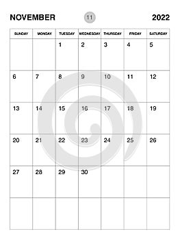 November 2022 year planner template, calendar 2022 desgin, monthly and yearly planners. organizer diary. week start Sunday