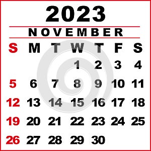 November 2023 Calendar illustration. The week starts on Sunday. Calendar design in black and white colors, Sunday in red colors