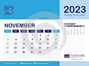 November 2023 year, Calendar planner 2023 and Set of 12 Months, week start on Sunday. Desk calendar 2023 design, simple, Wall