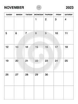 November 2023 year planner template, calendar 2023 desgin, monthly and yearly planners. organizer diary. week start Sunday