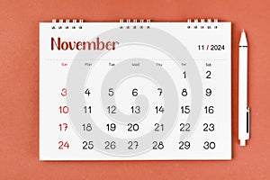 November 2024 Monthly desk calendar for 2024 year and pen