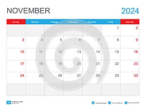 November 2024 template-Calendar 2024 design , Desk Calendar 2024 template, Planner simple, Week starts Sunday, Stationery, Wall