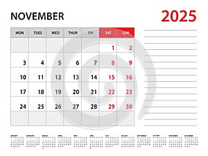 November 2025 year - Calendar 2025 template vector, week start on monday, Desk calendar 2025 year, Wall calendar design, corporate