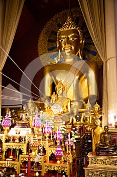 November 21th, 2018 - Ayutthaya & x28;THAILAND& x29; - Giant golden Buddha surrounded by smaller golden Buddhas in thai temple