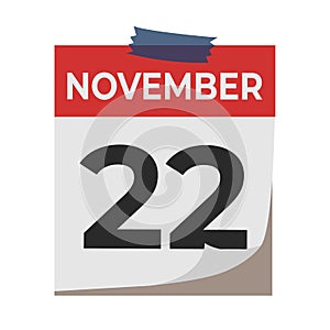 November 22. Calendar icon isolated on white background. Event concept. Birthday concept.