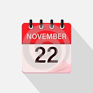 November 22, Calendar icon with shadow. Day, month. Flat vector illustration.