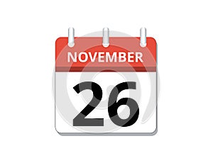 November, 26th calendar icon vector, concept of schedule, business and tasks