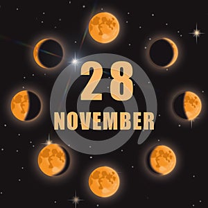 november 28. 28th day of month, calendar date.Phases of moon on black isolated background. Cycle from new moon to full