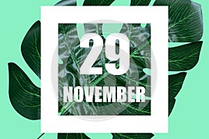 november 29th. Day 29 of month,Date text in white frame against tropical monstera leaf on green background autumn month