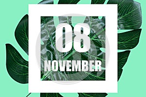 november 8th. Day 8 of month,Date text in white frame against tropical monstera leaf on green background autumn month