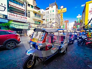 2020 November Bangkok Thailand Tuk tuk stop waiting for passenger in china town Bangkok