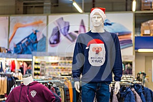November 29, 2022 Balti, Moldova. Illustrative editorial. Christmas mannequin on sale for winter and New Year holidays