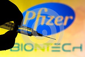 November 11, 2020, Brazil. In this photo illustration the medical syringe coronavirus vaccine is seen with Pfizer and BioNTech