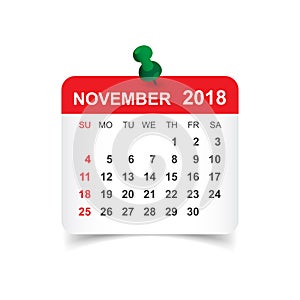 November 2018 calendar. Calendar sticker design template. Week s photo