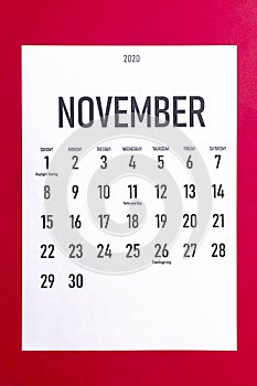 November 2020 calendar with holidays