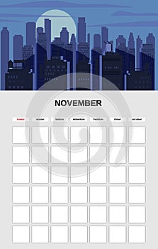 November Calendar Planner month. Minimalistic landscape natural backgrounds Autumn. Monthly template for diary business