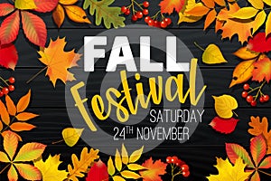 November fall autumn festival announcement, invitation banner with fallen leaves