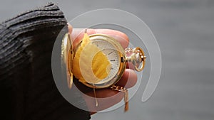 November idea. Gold pocket watch and autumn leaf.