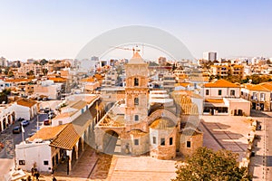 Beautiful view of the main street of Larnaca, cathedral and Phinikoudes beach