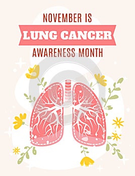 November is Lung cancer awareness month. Vector illustration in flat cartoon style. Healthy human lungs on floral background