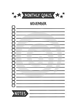 November Monthly Goals. Vector Template. Printable Organizer