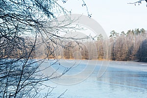 November morning landscape with frozen forest lake covered with ice. The onset of winter. Morning frost