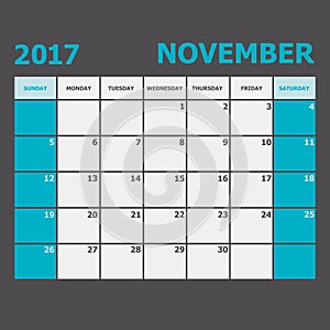 November 2017 November calendar week starts on Sunday