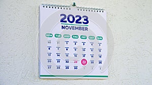 A beautiful November page of the wall calendar 2023 with the marked Black Friday date on it