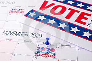 November 2020 presidential election text on calendar concept.