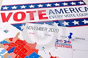 November 2020 presidential election text on calendar concept.