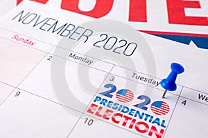 November 2020 presidential election text on calendar concept.