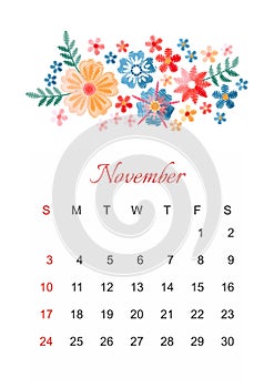 November. Vector calendar template for 2019 year with beautiful composition of embroidery flowers.