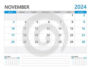 November 2024 year, Calendar planner 2024 and Set of 12 Months, week start on Sunday. Desk calendar 2024 design, simple and clean photo