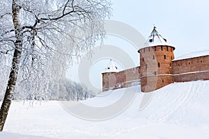 Novgorod Kremlin in cold winter snowy day in Veliky Novgorod, Russia