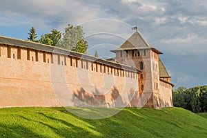 Novgorod Kremlin redbrick fortress walls day time