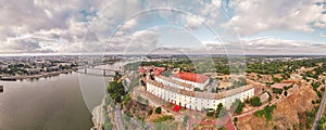 Novi Sad, Petrovaradin Fortress and Danube river, aerial panoramic