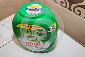 Novi Sad, Serbia - February 10, 2020: Ariel mountain spring laundry detergent 3 in 1 pods