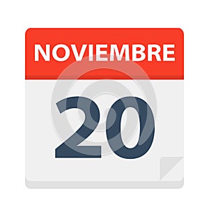 Noviembre 20 - Calendar Icon - November 20. Vector illustration of Spanish Calendar Leaf photo