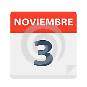 Noviembre 3 - Calendar Icon - November 3. Vector illustration of Spanish Calendar Leaf photo