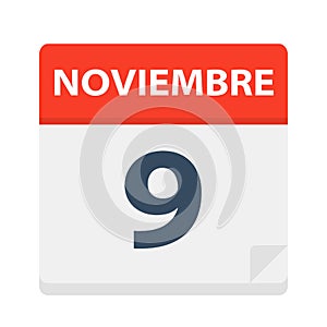 Noviembre 9 - Calendar Icon - November 9. Vector illustration of Spanish Calendar Leaf photo