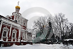 Novodevichy convent in Moscow. Old church. Color winter photo.