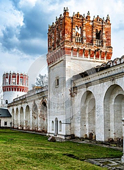 Novodevichy convent in Moscow, Russia. Vertical view of ornate fortress towers