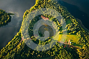 Novoe Lyadno, Lepel Lake, Beloozerny District, Vitebsk Region. Aerial View Of Island Pension Lode In Autumn Morning