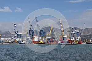 Novorossiysk, Russia 08.18.2023. Port cranes, Black Sea, port, Krasnodar Territory, Novorossiys