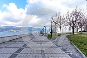 Novorossiysk, Russia - March 3, 2021: Panoramic view of the pedestrian embankment in Novorossiysk, Russia