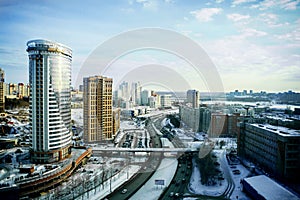 Novosibirsk cityscapes and roads, top view in winter